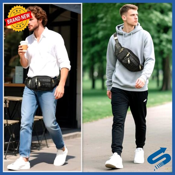 Large Capacity Genuine Leather Fanny Pack Crossbody Waist Bag with Zipper